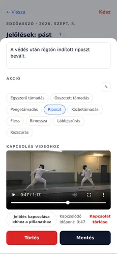 Egy jelölés jegyzete a jelölőnézetben: szabadon írható jegyzetmező, alatta az Akció címkéi, majd a Kapcsolás videóhoz rész. A meccshez csatolt videó a jelöléshez kapcsolt pillanatnál megállítva látszik, alatta pedig gombok a kapcsoláshoz, a kapcsolat törléséhez és a mentéshez.