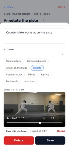 A pin’s note sheet on the annotation screen: a short note and an action tag above the video attached to that match, paused at the linked moment, with the controls for linking, unlinking and saving below it.