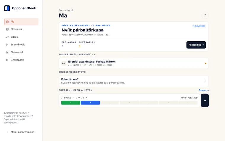 A Ma képernyő laptop böngészőjében: a következő versenyig hátralévő idő, az ismert ellenfelekhez tartozó felkészülési teendők és a heti edzések.
