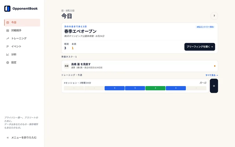 PC のブラウザで開いた「今日」画面。次の大会までのカウントダウン、対戦経験のある相手ごとの準備タスク、今週の練習が表示されている。