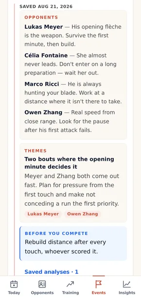 A saved AI competition brief on an event: one tactical line per expected opponent, a shared theme, and a reminder before you compete.