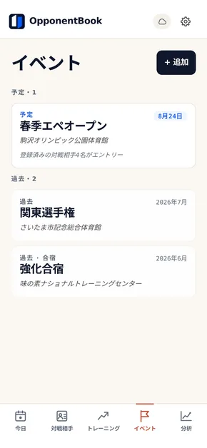 イベントの一覧画面。次の大会が日付・会場つきで表示され、対戦経験のある相手が何人エントリーしているかもわかる。その下には合宿を含む過去のイベントが並んでいる。
