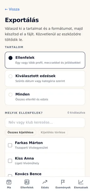 Az Exportálás képernyő: ellenfelek, egy edzésidőszak vagy a teljes napló kiválasztása, majd PDF- vagy Word-fájl készítése.