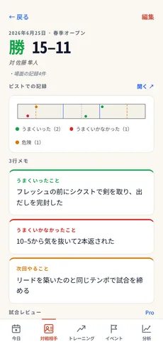試合の詳細画面。上部に勝敗とスコアが表示され、その下にピンを置いたピストの図、さらに3行メモ（うまくいったこと・うまくいかなかったこと・次回やること）が並んでいる。