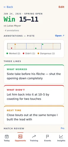 A match detail screen: the result and score, pinned moments on the piste, and the three reflection fields — what worked, what didn't, next time.