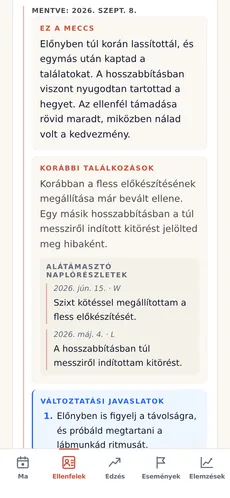 Mentett MI-meccselemzés: az eredmény lehetséges tényezői, korábbi megfigyelésekre hivatkozó minták és számozott javaslatok.