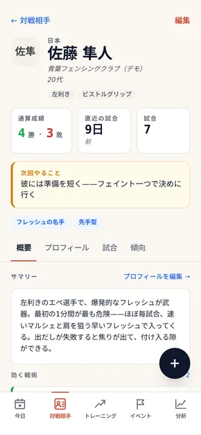 OpponentBook の対戦相手プロフィール。対戦成績、スタイルのタグ、再戦前に読み返す「次回やること」のメモが並んでいる。