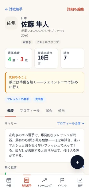 OpponentBook の対戦相手プロフィール。対戦成績、スタイルのタグ、再戦前に読み返す「次回やること」のメモが並んでいる。
