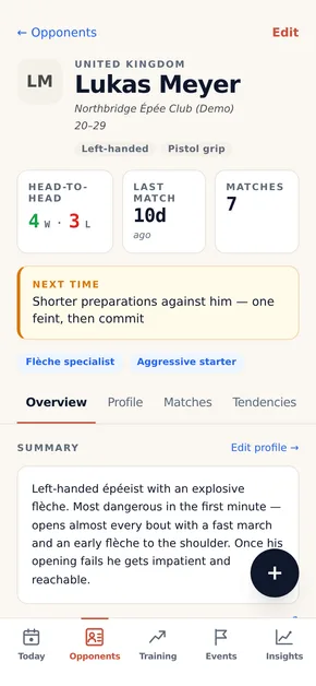 Une fiche d’adversaire dans OpponentBook : le face-à-face, les tags de style et la note à relire la prochaine fois.