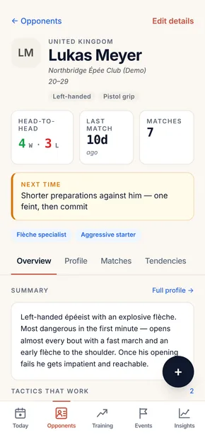 Ein Gegnerprofil in OpponentBook: Direktvergleich, Stil-Tags und die Notiz, die du vor dem nächsten Aufeinandertreffen wieder liest.