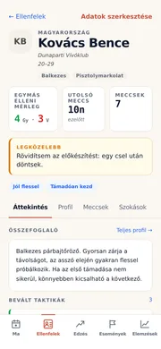 Egy ellenfél profilja az OpponentBook alkalmazásban: egymás elleni mérleg, stíluscímkék és a következő találkozás előtt átolvasandó jegyzet.