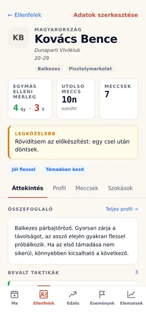 Egy ellenfél profilja az OpponentBook alkalmazásban: egymás elleni mérleg, stíluscímkék és a következő találkozás előtt átolvasandó jegyzet.