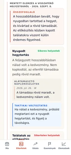 Egy ellenfélhez mentett MI-elemzés: összefoglaló, visszatérő eredményes megoldás a forrásul szolgáló naplóbejegyzéssel, valamint egy javasolt taktikai módosítás.