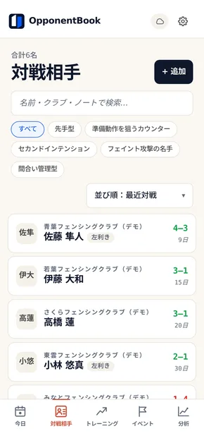 対戦相手の一覧画面。所属、対戦成績、スタイルのタグつきのプロフィールが並び、タグで絞り込める。