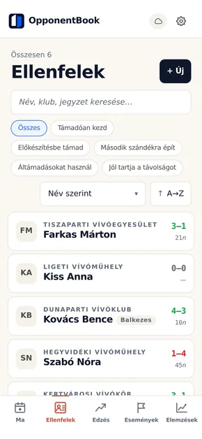 Az Ellenfelek lista: profilok klubbal, egymás elleni mérleggel és stíluscímkékkel, címkék szerinti szűréssel.