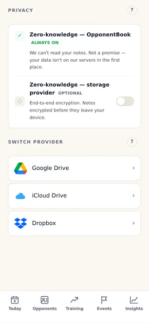 L’écran Stockage de l’appli : les notes restent sur votre propre espace cloud — zero-knowledge vis-à-vis d’OpponentBook dans tous les cas, chiffrement de bout en bout en option vis-à-vis du fournisseur de stockage.