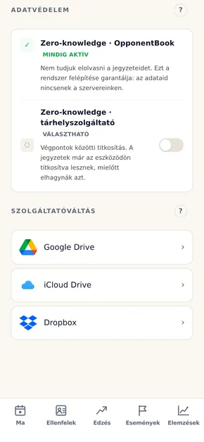 A Tárhely képernyő: csatlakoztatott felhőtárhely, a szinkronizálás állapota és a végpontok közötti titkosítás beállításai.