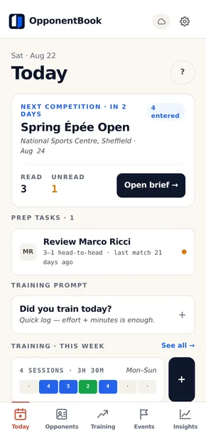 L’écran Aujourd’hui d’OpponentBook : la prochaine compétition avec son compte à rebours, et les tâches de préparation pour relire la fiche de chaque adversaire connu.