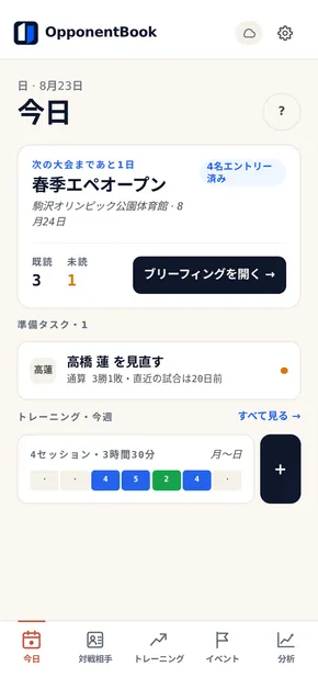 OpponentBook の「今日」画面。次の大会までのカウントダウンと、対戦経験のある相手を一人ずつ見直すための準備タスクが表示されている。