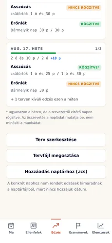 Az edzésterv műveletei: szerkesztés, megosztás fájlként és a beosztás exportálása .ics naptárfájlba.