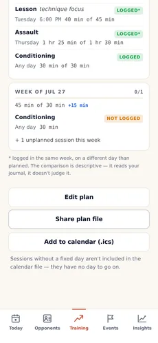 Les actions d’un plan d’entraînement : modifier, partager le plan sous forme de fichier, et ajouter le programme à votre calendrier au format .ics.