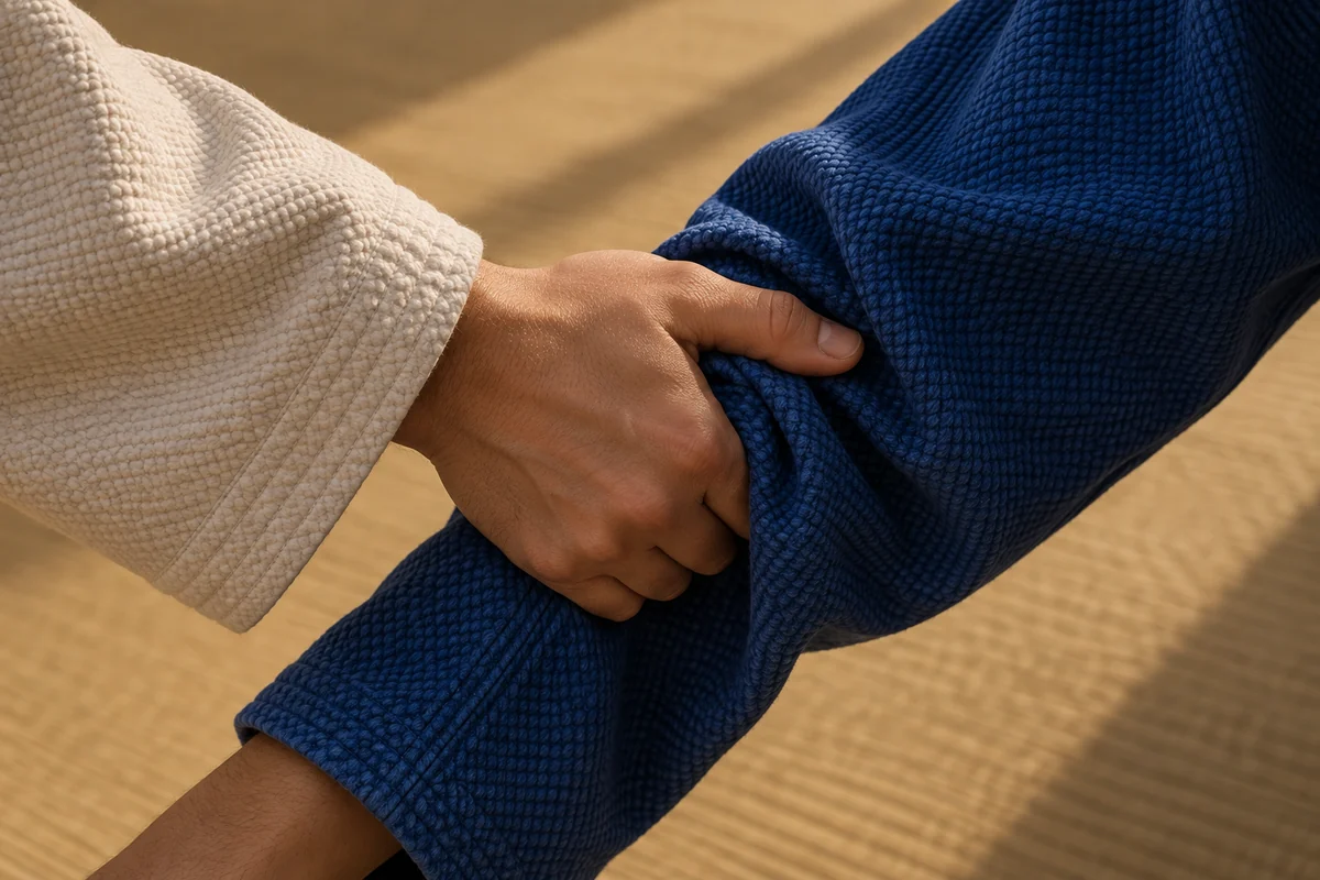 A hand gripping the sleeve of a blue judogi.