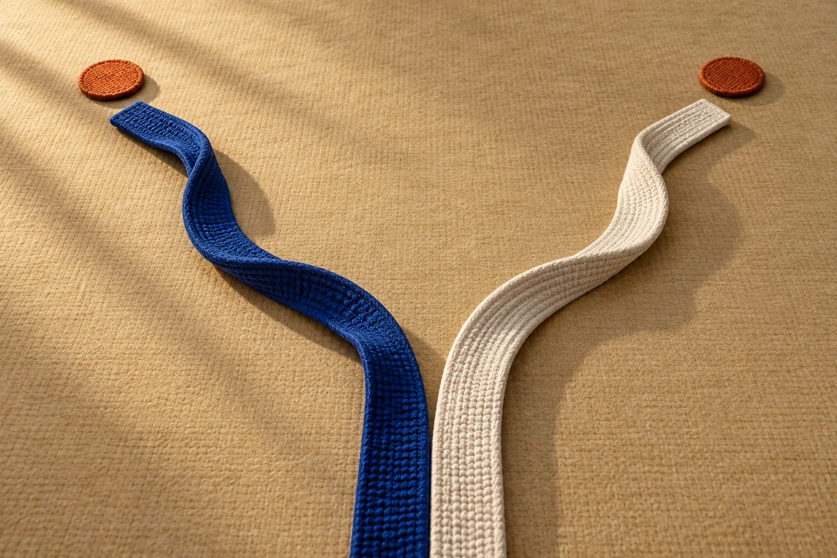 Blue and ivory fabric strips curve apart towards two orange discs.