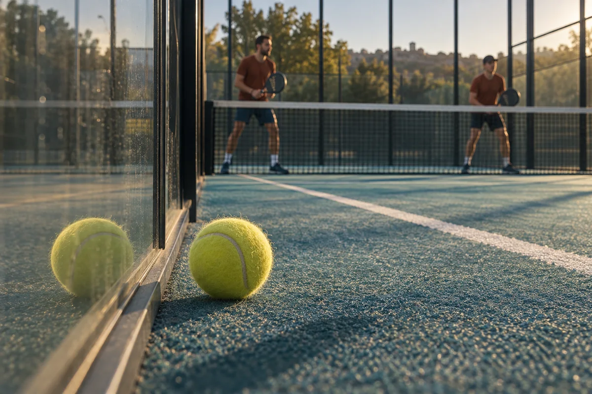 A yellow ball and its reflection beside a glass wall, with two players beyond the net.