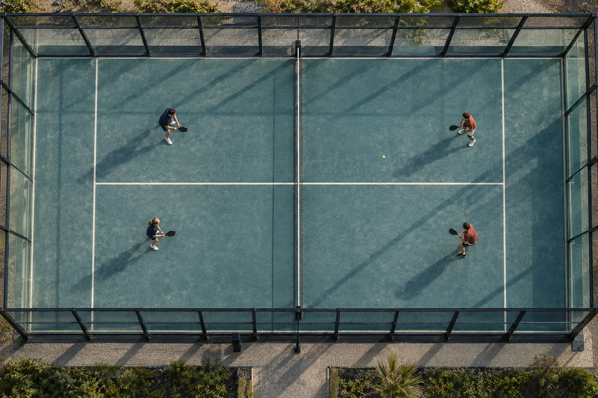 Four padel players seen from above, with two players on each side of the net.